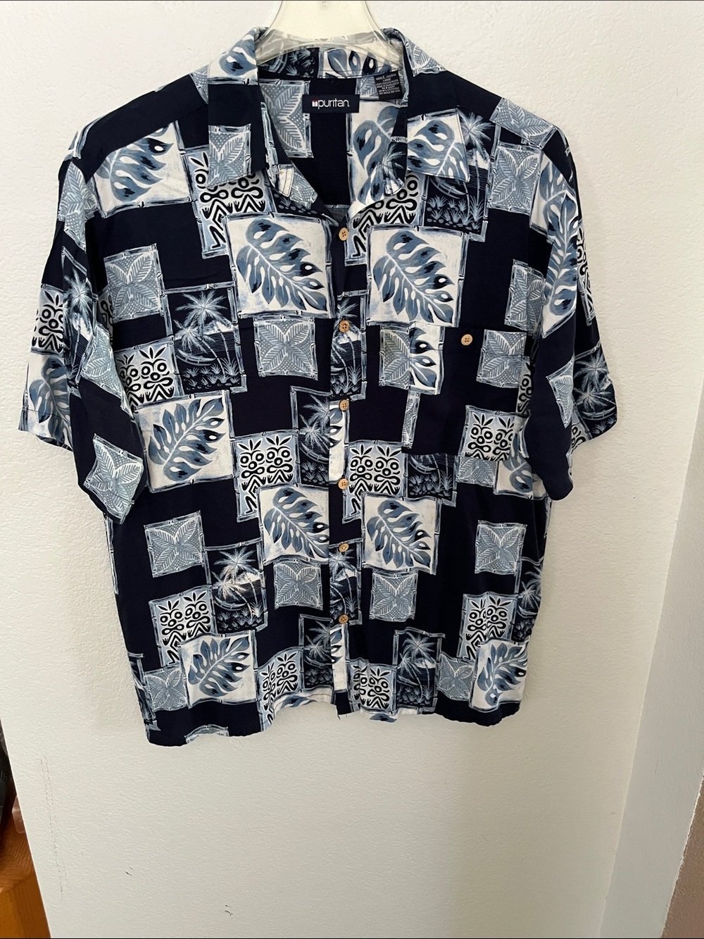 Puritan Men's Navy and Light Blue Patchwork Tropical Button-Down Shirt
